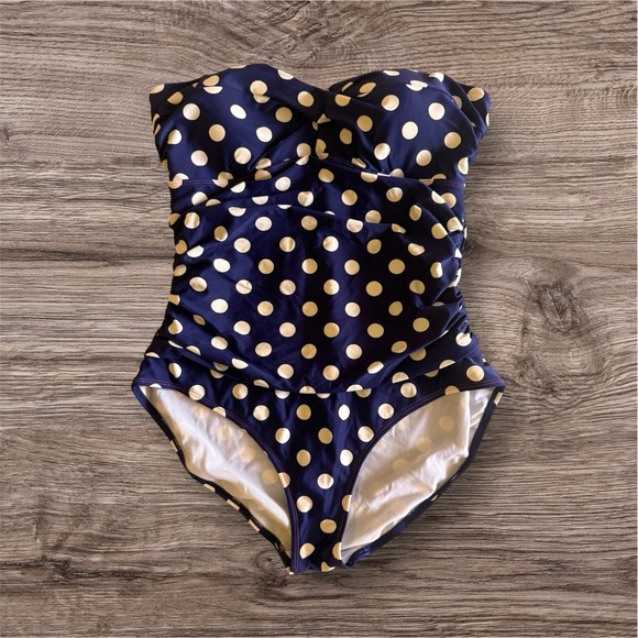 Boden One Piece Swimsuit Bathing Suit Polka Dot Blue White Size 12 Missing Strap - Picture 3 of 16